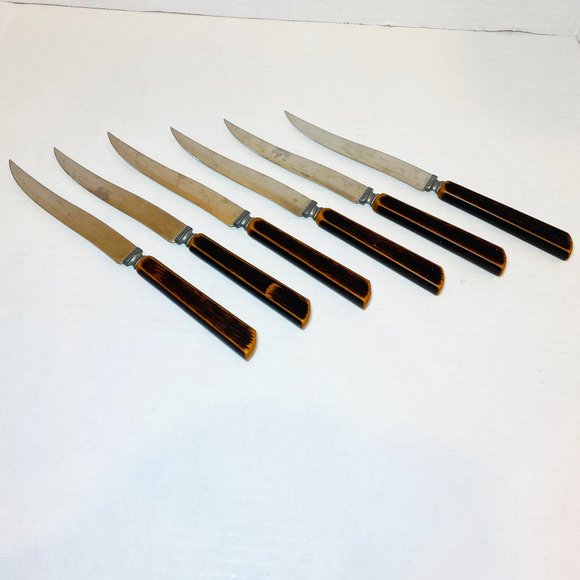Set of 6 Vintage Bakelite Knives 1960s Faux Wood Handles - Picture 1 of 7